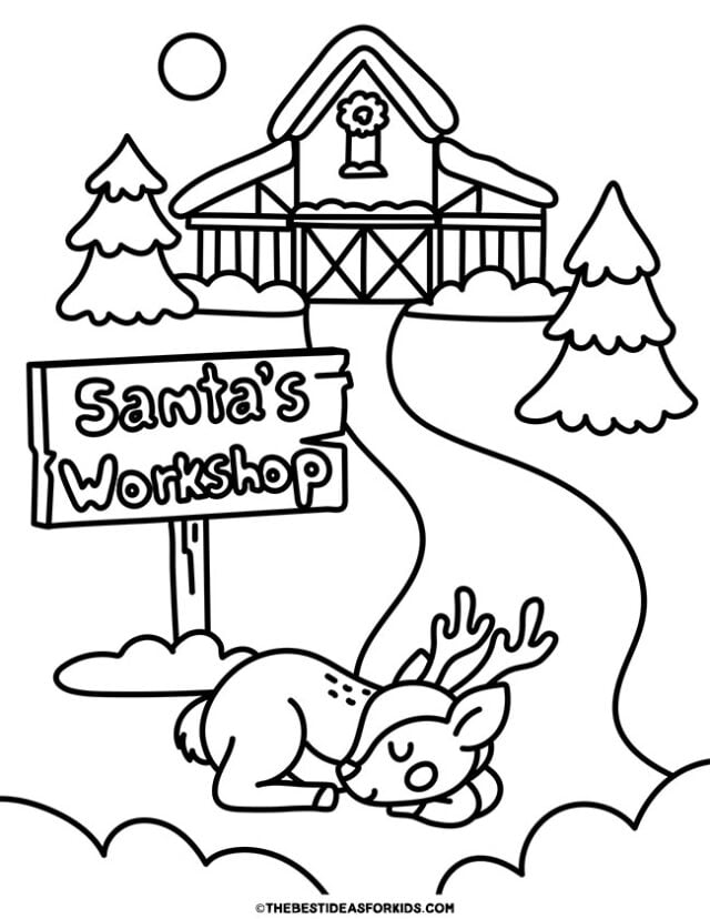 reindeer at santas workshop coloring page